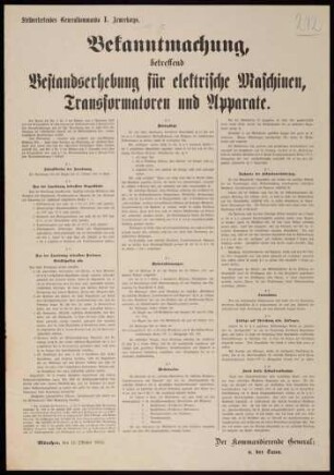 "Bekanntmachung, betreffend Bestandserhebung für elektrische Maschinen, Transformatoren und Apparate" für den Bereich des Stellvertretenden Generalkommando I. Armeekorps, München