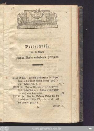 Verzeichniß, der in diesem zweyten Bande enthaltenen Predigten.