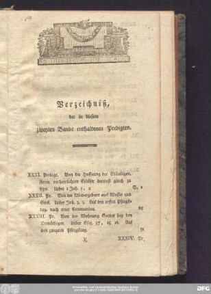 Verzeichniß, der in diesem zweyten Bande enthaltenen Predigten.