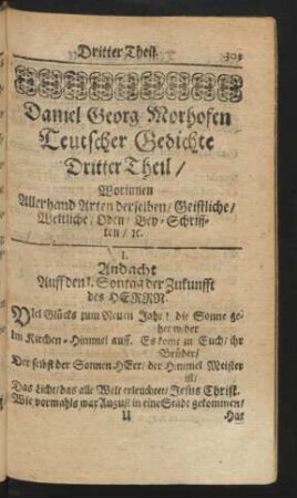 Daniel Georg Morhofen Teutscher Gedichte Dritter Theil/ Worinnen Allerhand Arten derselben/ Geistliche/ Weltliche/ Oden/ Bey-Schrifften/ [et]c.