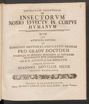 Dissertatio Inavgvralis De Insectorvm Noxio Effectv In Corpvs Hvmanvm