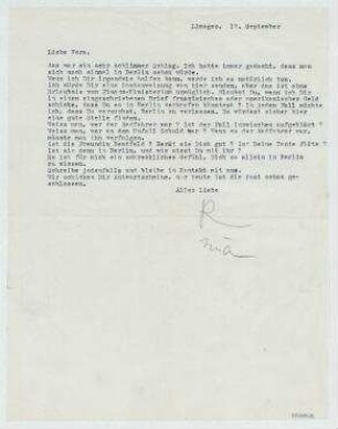 Brief von Raoul Hausmann an Vera Hausmann. Limoges