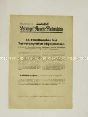 Sonderblatt der "Leipziger Neuesten Nachrichten" mit Kurzmeldungen von verschiedenen Kriegsschauplätzen u.a. über die britische Bombardierung westdeutscher Gebiete