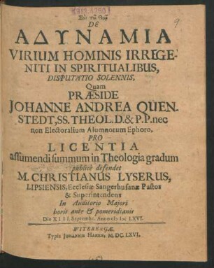 De Adynamia Virium Hominis Irrigeniti In Spiritualibus, Disputatio Solennis