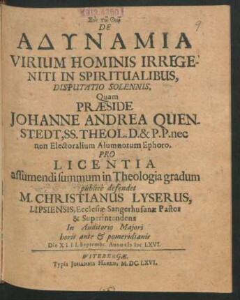 De Adynamia Virium Hominis Irrigeniti In Spiritualibus, Disputatio Solennis