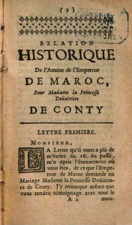 Relation historique de l'amour de l'Empereur de Maroc, pour Madame la Princesse Douairiere de Conty : écrite en forme de lettres à une personne de qualité