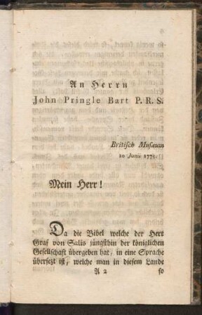 An Herrn John Pringle Bart P.R.S.