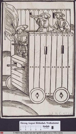 Belagerungsmaschine mit drei Soldaten.