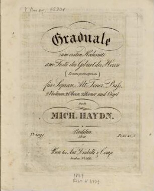 Graduale zum ersten Hochamte am Feste der Geburt des Herrn : (Tecum principium) ; für Sopran, Alt, Tenor, Baß, 2 Violinen, 2 Oboen, 2 Hörner und Orgel