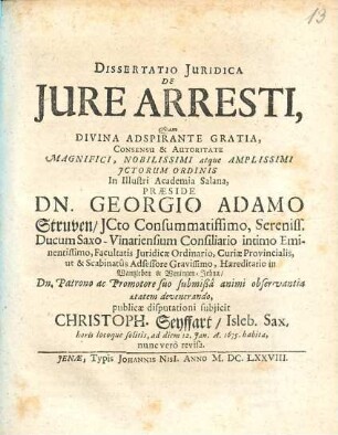 Dissertatio juridica de jure arresti