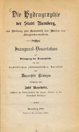 Die Hydrographie der Stadt Bamberg : ein Beitrag zur Kenntniss der Wässer der Keuperformation
