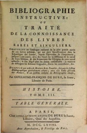 Bibliographie Instructive: Ou Traité De La Connoissance Des Livres Rares Et Singuliers, [7]. Histoire. Tome III. : Table Générale