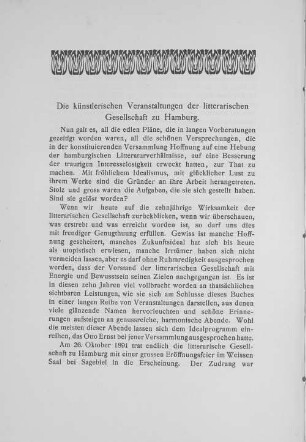 Die künstlerischen Veranstaltungen der litterarischen Gesellschaft zu Hamburg.