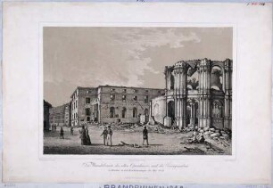 Die Ruinen des Glockenspielpavillons und des Opernhauses am Zwinger in Dresden nach der Revolution im Mai 1849, Blick von Nordosten