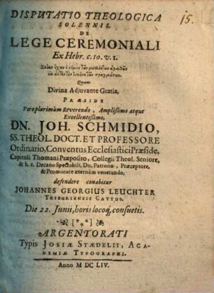 Disputatio theologica sollenis, de lege ceremoniali, ex Hebr. 10, 1