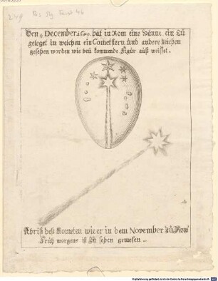 Den 4 December 1680. hat in Rom eine Hänne, ein Eü geleget, in welchen ein Cometstern, und andere Zeichen gesehen worden, wie beü kommende Figur auß weisset : Abriß deß Kometen wie er in dem November Zu Rom Früh morgens ist Zu sehen gewesen