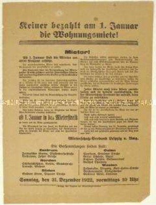 Aufruf des Leipziger Mieterschutz-Verbandes zum Mieterstreik und zu Versammlungen am 31. Dezember 1922