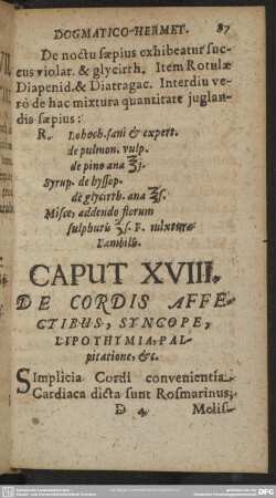 Caput XVIII. De Cordis Affectibus, Syncope, Lipothymia, Palpitatione, [et]c.