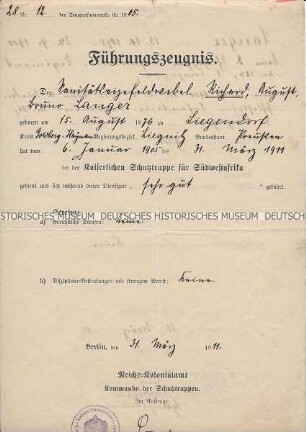 Führungszeugnis des Kommandos der Schutztruppen im Reichskolonialamt für den Sanitätsvizefeldwebel Richard Langer