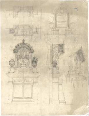 Thiersch, August ; München; Grabstein Liebig, Projekt - Grundrisse, Ansicht, Perspektive