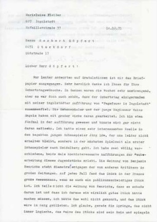 Korrespondenz von Marieluise Fleisser an Herbert G. Göpfert