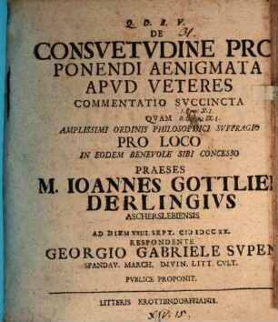 De Consvetvdine Proponendi Aenigmata Apvd Veteres : Commentatio Svccincta