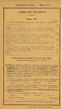 Table des matières. Mars 1896.