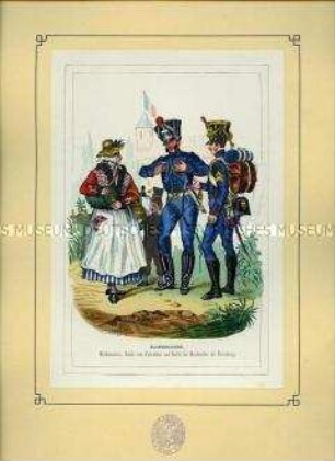 Uniformdarstellung, Marketenderin, Soldat des Militärischen Fuhrwesens und Soldat der Handwerker der Militärischen Verwaltung, Frankreich, 1804. Aus: Bellangé: Die Soldaten der französischen Republik und des Kaiserreichs.