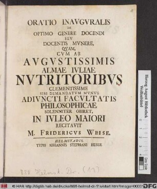 Oratio Inavgvralis De Optimo Genere Docendi Sev Docentis Mvnere