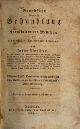 Grundsätze über die Behandlung der Krankheiten des Menschen, zu akademischen Vorlesungen abestimmt, 7. Krankheiten, welche von verhaltenen Ausleerungen herrühren (Retentiones), Abth. 1