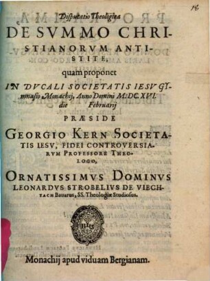 Disputatio Theologica De Svmmo Christianorvm Antistite