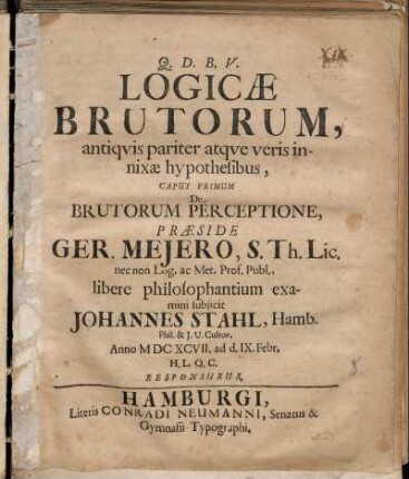 Logicae Brutorum, antiquis pariter atque veris innixae hypothesibus, Caput Primum De Brutorum Perceptione