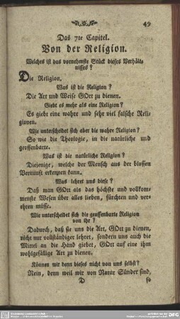 Das 7te Capitel. Von der Religion