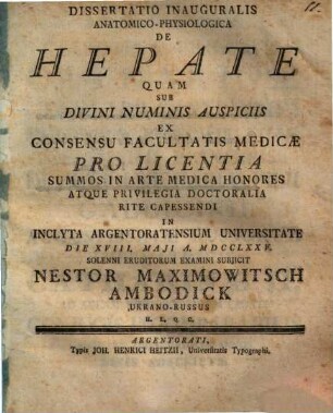 Dissertatio Inauguralis Anatomico-Physiologica De Hepate