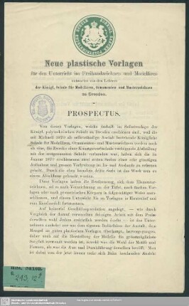 Neue plastische Vorlagen für den Unterricht im Freihandzeichnen und Modelliren : Prospekt