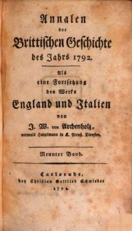 Annalen der Brittischen Geschichte des Jahrs ... : Als eine Fortsetzung des Werks England und Italien, 9. 1792