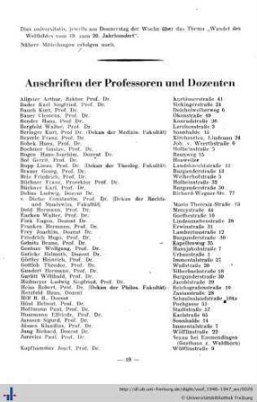 Anschriften der Professoren und Dozenten