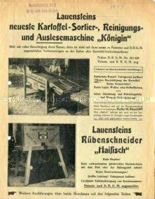 Lauensteins neueste Kartoffel-Sortier-, Reinigungs- und Auslesemaschine "Königin"
