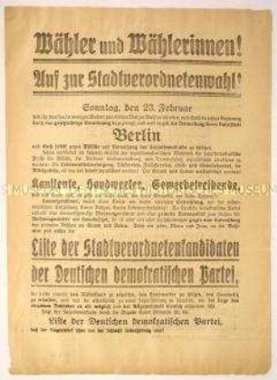 Antisozialdemokratischer Wahlaufruf der Deutschen demokratischen Partei an die Berliner zur Stadtverordnetenwahl