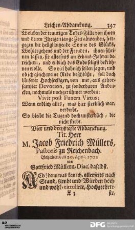 Vier und dreyßigste Abdanckung. Tit. Herr M. Jacob Friedrich Müllers...