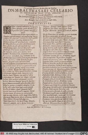 Viro perquam Reverendo Excellentißimo & Clarißimo Dn. M. Balthasari Cellario ... Supremum in SS. Theologia gradum die X. Decembris Anni MDCL. in illustri Iulia collatum devote gratulantur Commensales