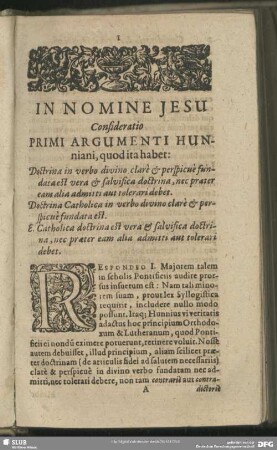 Consideratio Primi Argumenti Hunniani,quod ita habet