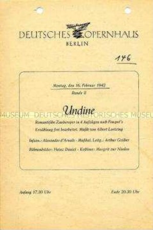 Programm der Oper "Undine" von Albert Lortzing