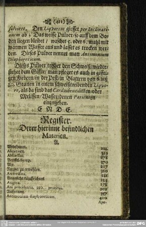 Register. Derer hierinne befindlichen Materien