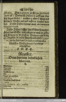 Register. Derer hierinne befindlichen Materien