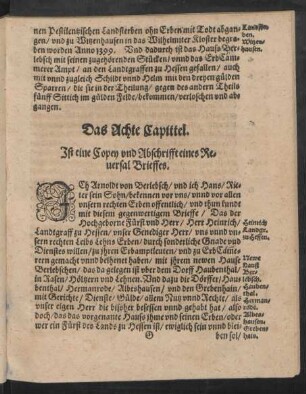 Das Achte Capittel. Ist eine Copey und Abschrifft eines Reversal Brieffes.