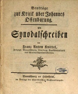 Beyträge zur Kritik über Johannes Offenbarung : Ein Synodalschreiben