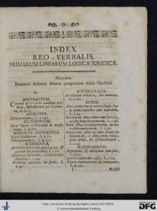Index Reo-Verbalis Primarum Linearum Logicae Juridicae.