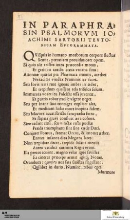 In Paraphrasin Psalmorvm Ioachimi Sartorii Tevtonicam Epigrammata