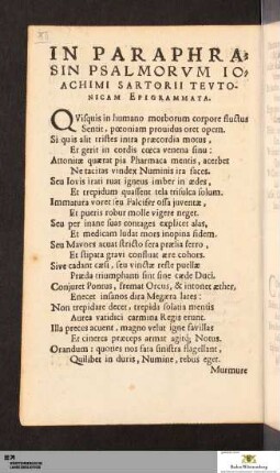 In Paraphrasin Psalmorvm Ioachimi Sartorii Tevtonicam Epigrammata